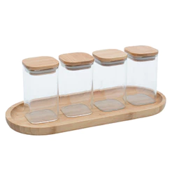 Kit 4 Potes de Vidro Herméticos com Tampa de Bambu Quadrados 250ml E Bandeja de Bambu 34cm - Oikos
