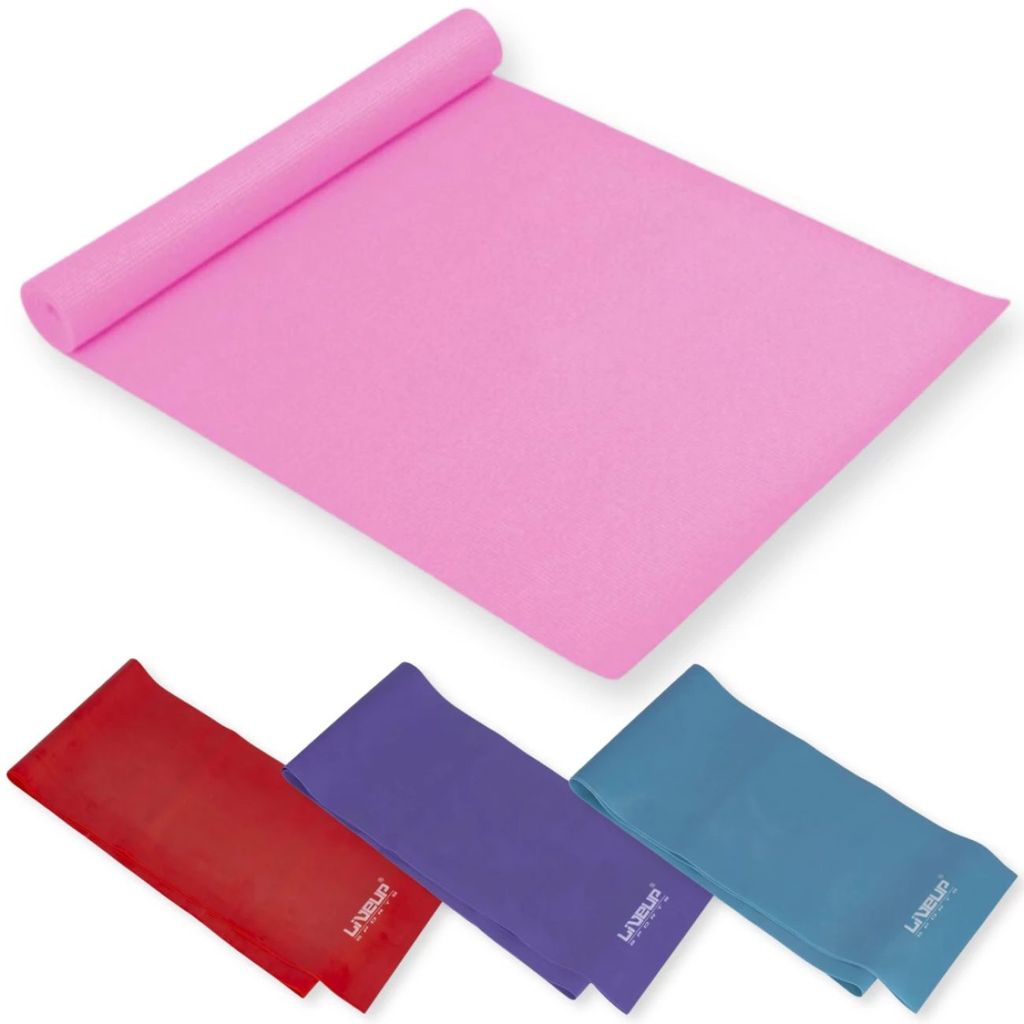 Conjunto Treino Yoga 1 Colchonete Rosa + 3 Faixa Elástica com 3 Intensidades