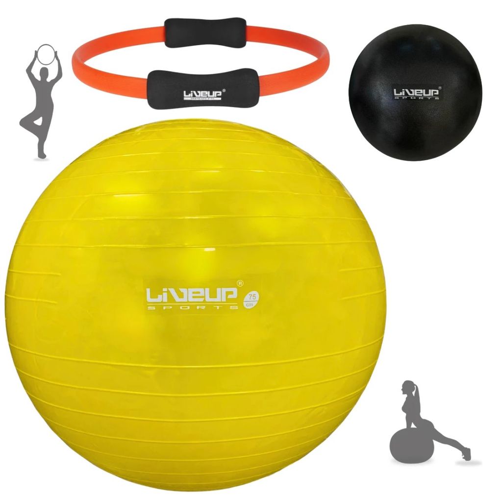 Kit Bola Suíça Pilates Amarela 75cm + Overball Preta 25 Cm + Anel Fortalecer + Bomba Inflar Academia