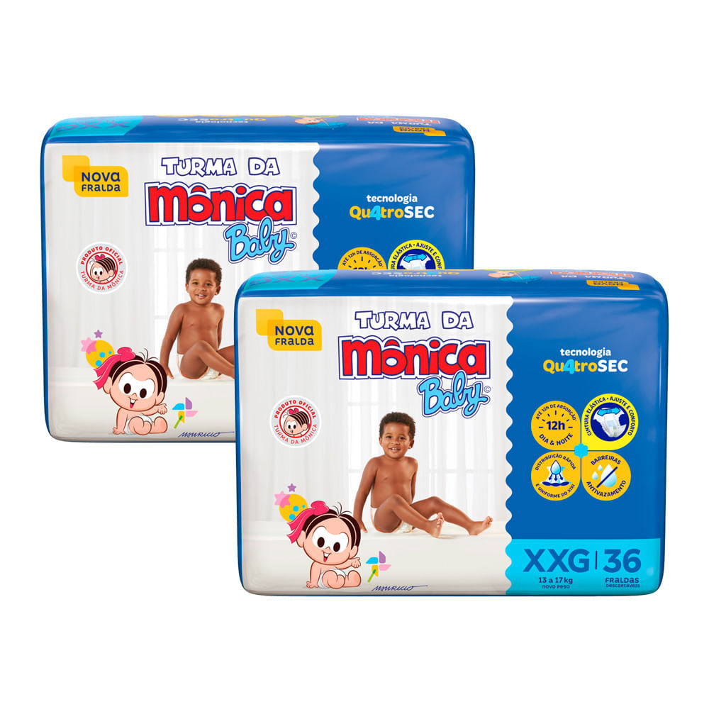 Kit 2 Fralda Turma da Mônica Baby Mega Tamanho XXG 36 Unidades Descartáveis