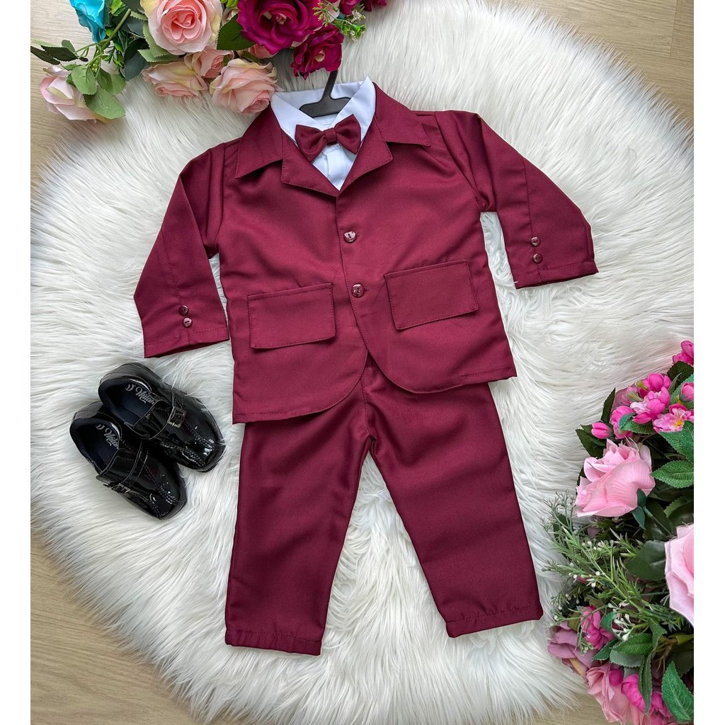 Terno Social Conjunto Paletó Marsala Infantil Festa Kit 5 Peças Calça Camisa Gravata Cinto Blazer