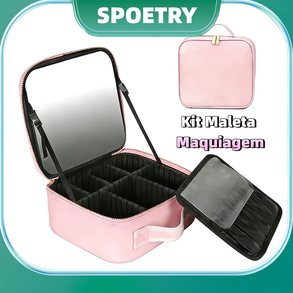 Kit Maleta Maquiagem completo Profissional Com Espelho e Luz Led e paleta de maquiagem