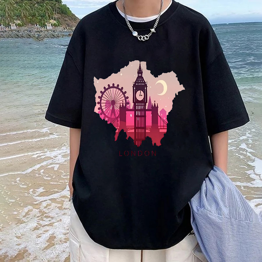Camiseta Masculina Estampa Ícone Londres Relógio Big Ben Roda Gigante Ponte Moderna Atemporal Estilosa Urbana