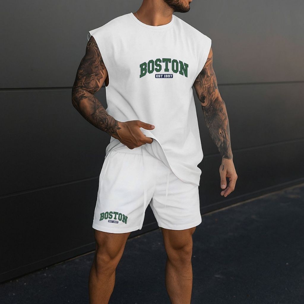 Conjunto Masculino Kit Camiseta Short Tactel Camisa Regata Estampada Boston Estilosa Confortavel Academia Lazer