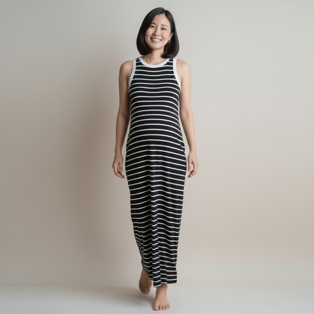 Vestido Gestante Midi Canelado Listrado Tamanho M - Novo