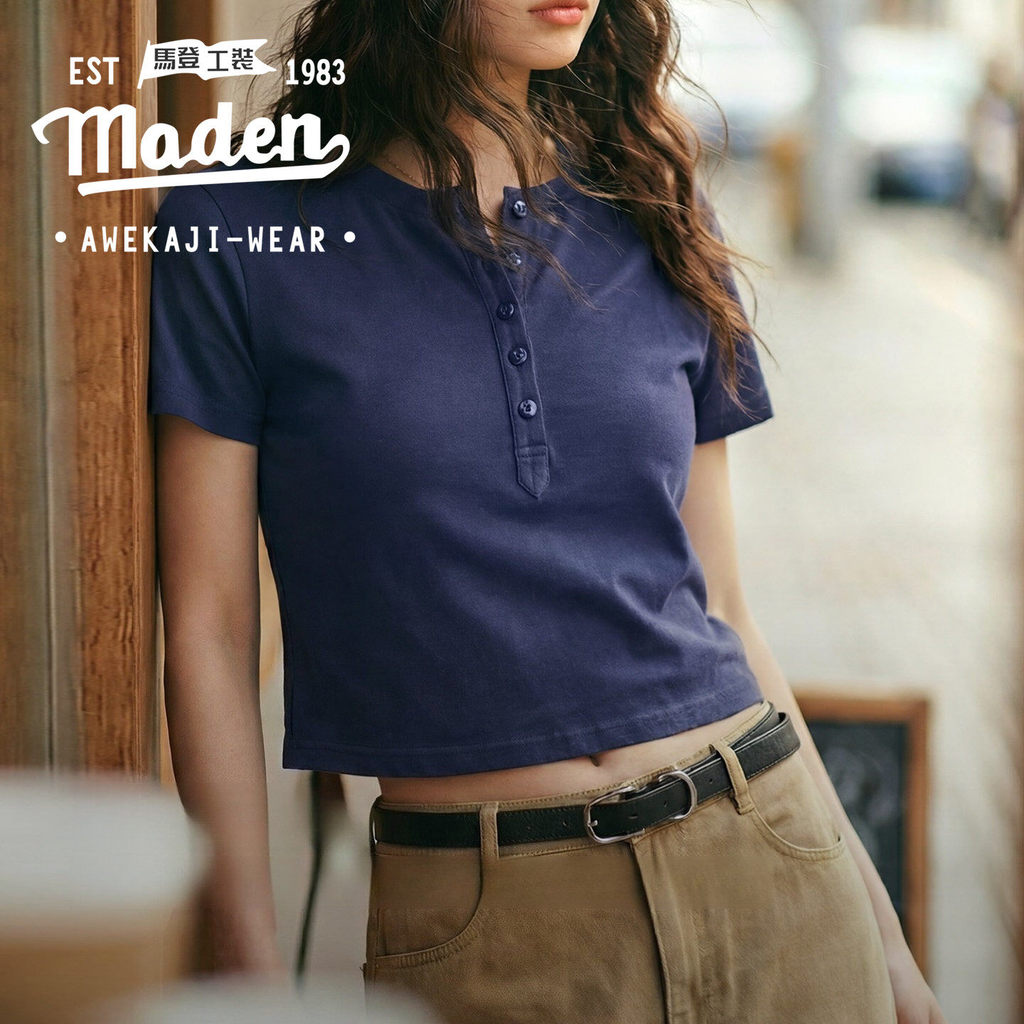 MADEN Marca Feminina Vintage Algodão Henley Pescoço Manga Curta Camiseta Slim Fit Meio Botão Casual Top Verão