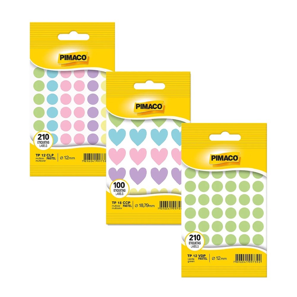 Kit Etiquetas TP multicor Coração pastel + TP verde + TP multicor pastel Pimaco