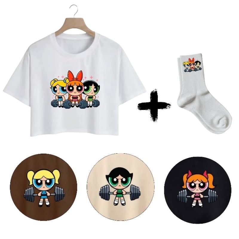 Cropped Feminino Academia Garotas Super Poderosas Algodão Estampado + Meia Presente