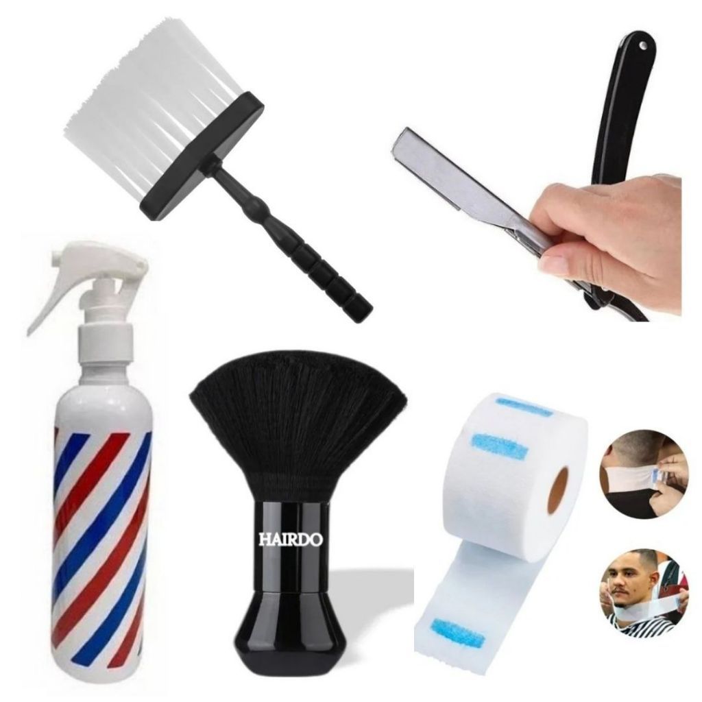 Kit Barbeiros ESPANADOR LISTRADO +BORRIFADOR LISTRADO +NAVALHETE + ESPANADOR FIGARO + GOLA HIGIENICA Barbearia Barber