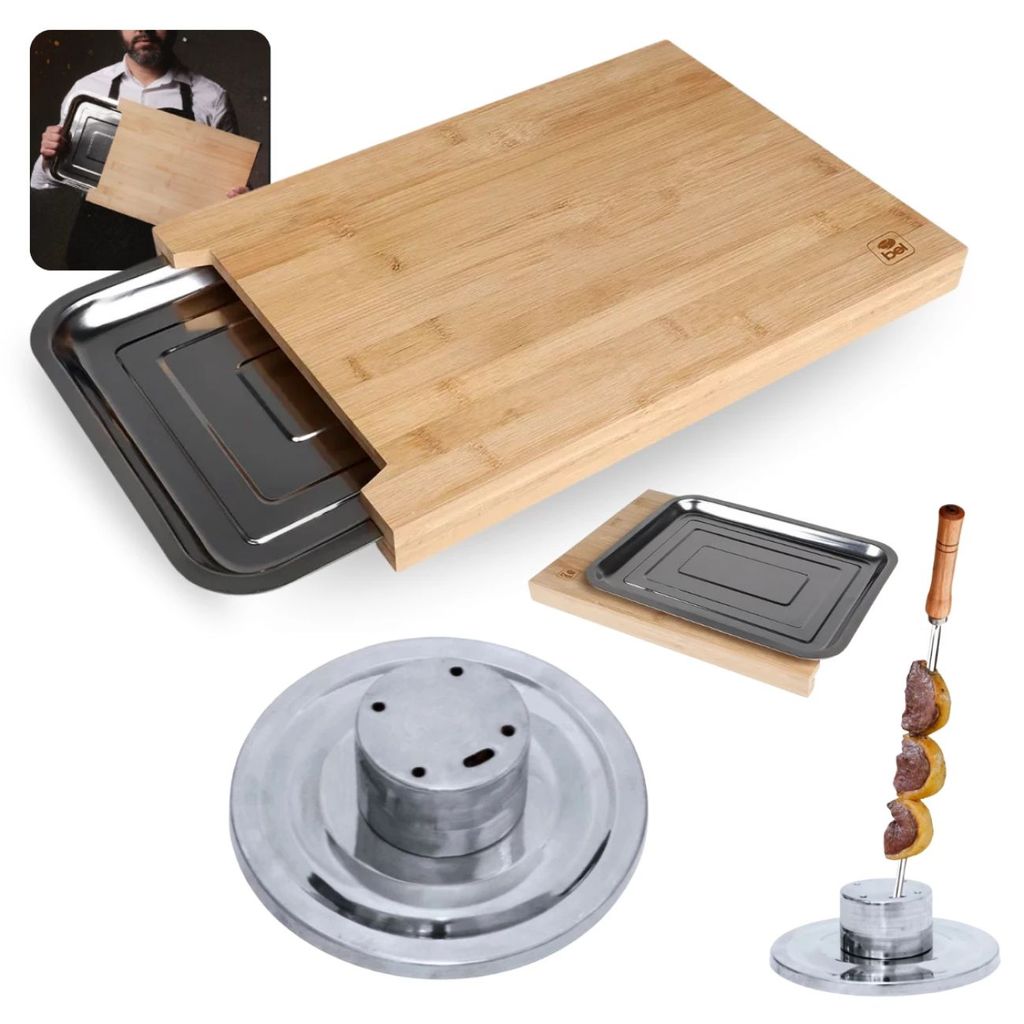Kit Churrasco Tábua Bambu de Carne 40cm com Gaveta Inox + Suporte 5 Furos para Espeto em Mdf e Aluminio