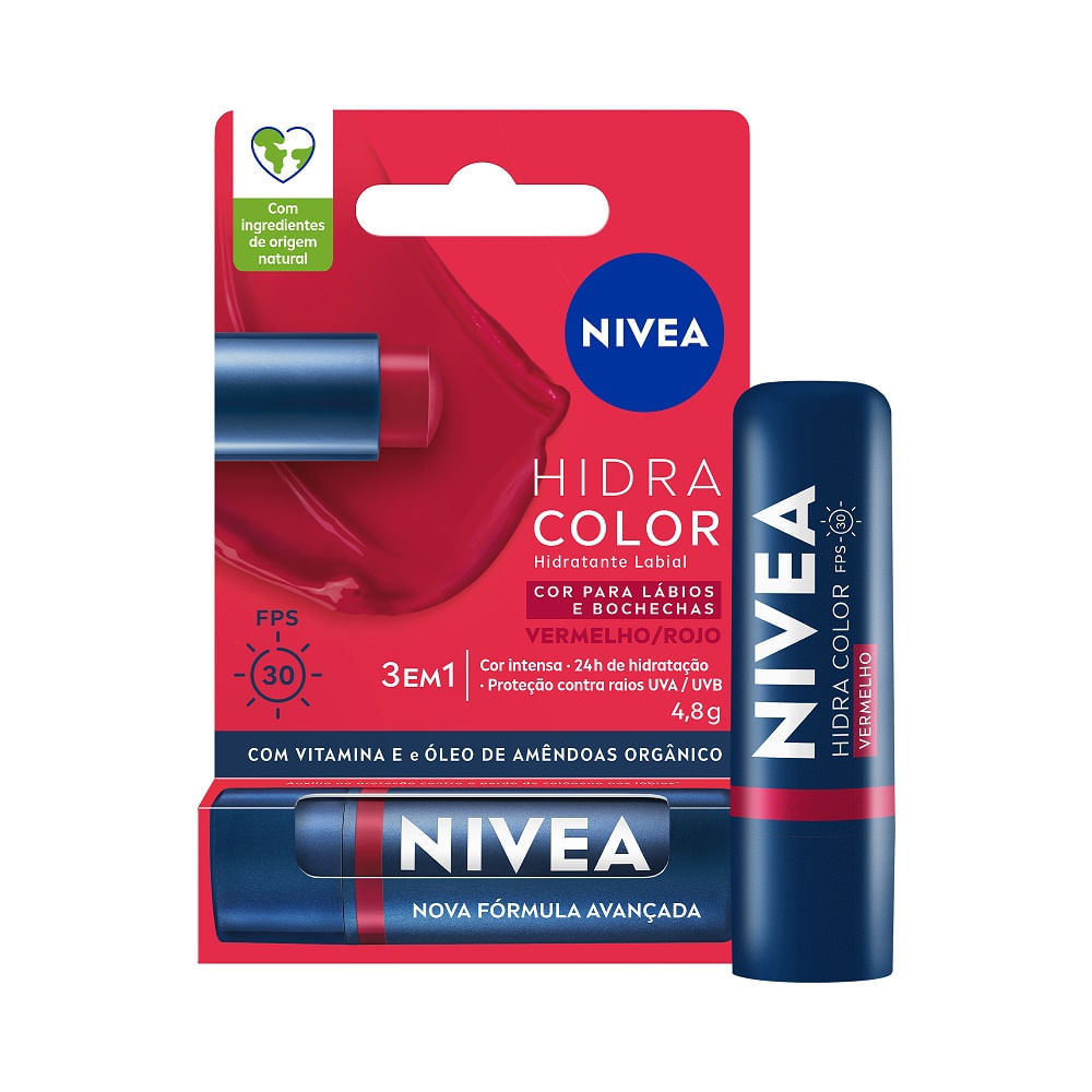 Hidratante Labial Nivea Hidra Color 3 em 1 Cor Vermelho FPS 30 4,8g em Oferta na Shopee