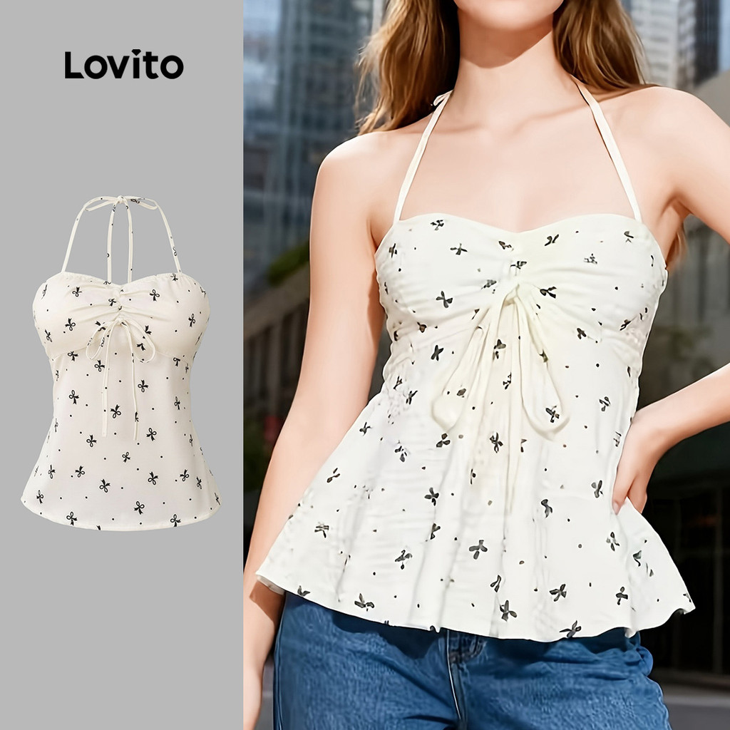 Lovito  Casual Top Bow Ruched Ruffle Hem Spring/summer Top para Mulheres. L178ED623 em Oferta na Shopee