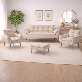 Kit 02 Poltronas + Sofá 2 lugares com Puff Opala Balaqui