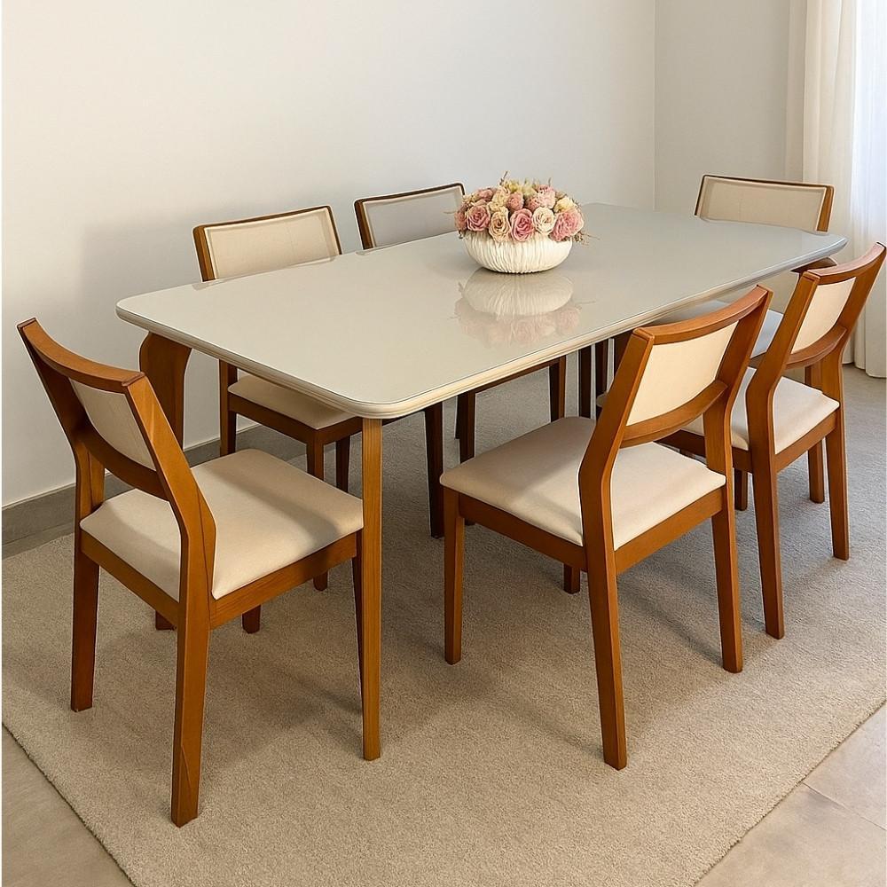Conjunto Mesa de Jantar Vitória 160x80 Tampo Vidro 6 Cadeiras  Viena Tela Sintética Madeira Maciça Cinamomo