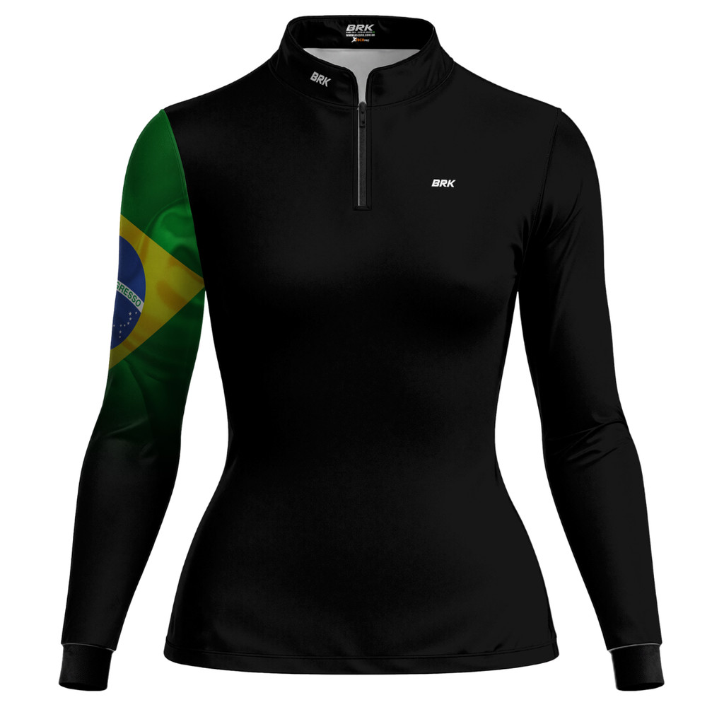 Camisa Camiseta Feminina Motociclismo Brk Preta Bandeira do Brasil com Proteção UV
