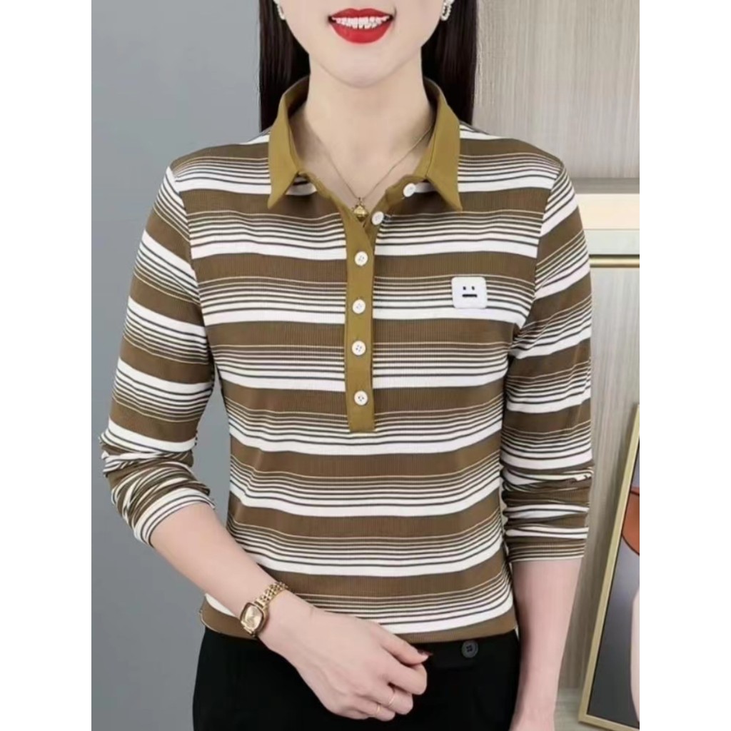 Camiseta de manga comprida feminina primavera novo estilo mãe estilo ocidental lapela camisa polo moda redução de idade 