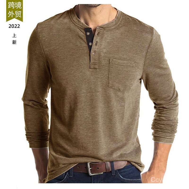 Camiseta Masculina De Manga Comprida Com Gola Redonda , Camisa base , top henley