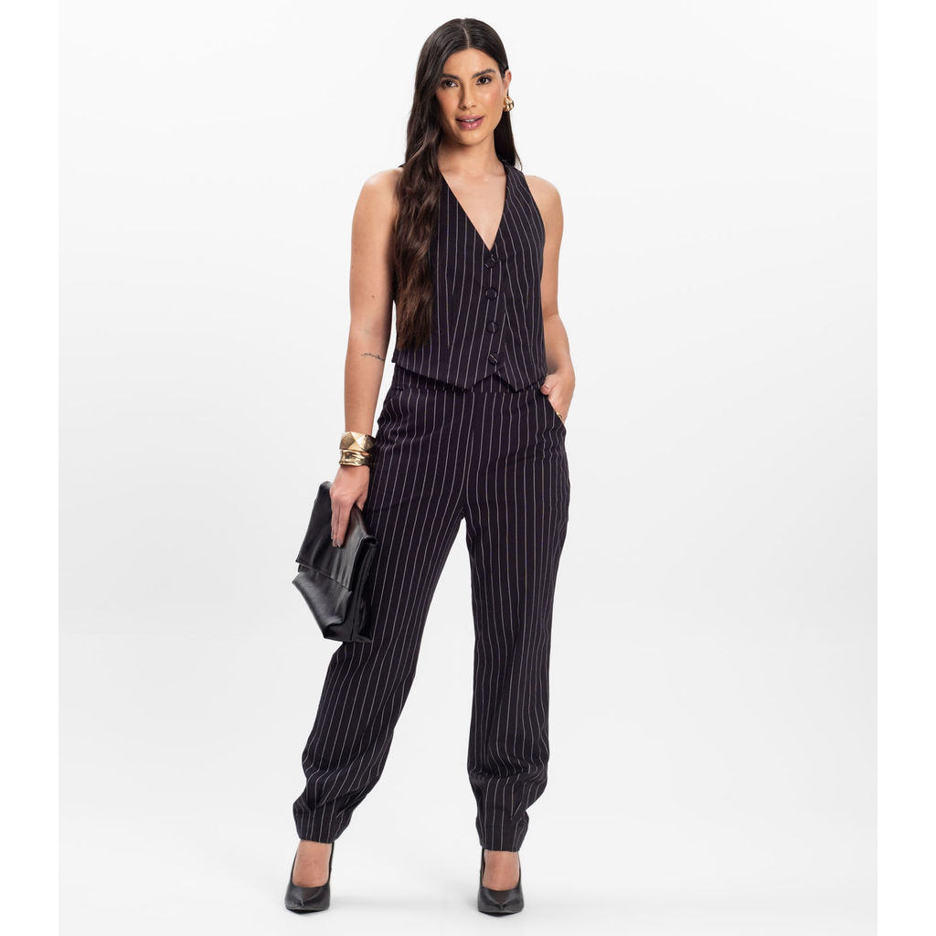 Calça Feminina Em Alfaiataria Risca Giz Toda Nua Preto em Oferta na Shopee