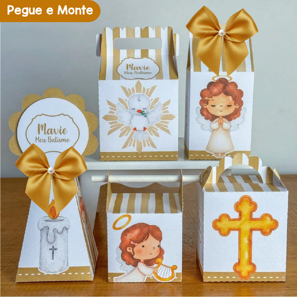 Kit Festa Batizado Dourado Batismo Menina |Personalizados | Lembrancinhas | Caixinhas | (Pegue e Monte)