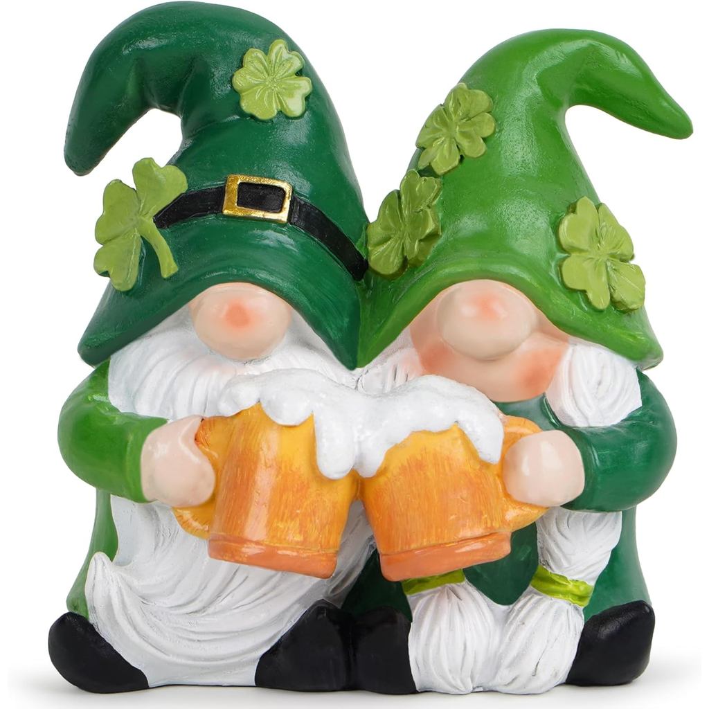 Figuras de Gnomos Casal de Dia de São Patrício da Hodao — Gnomos com Shamrock Verde e Cerveja, Decoração de Resina para