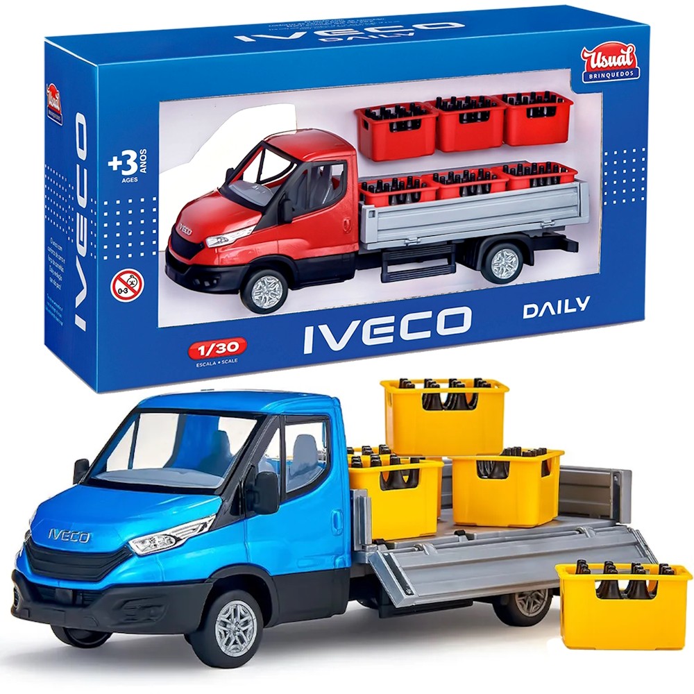 Caminhão Iveco Realista Drop Side Brinquedo + 6 Caixas de Bebidas Pneus de borracha