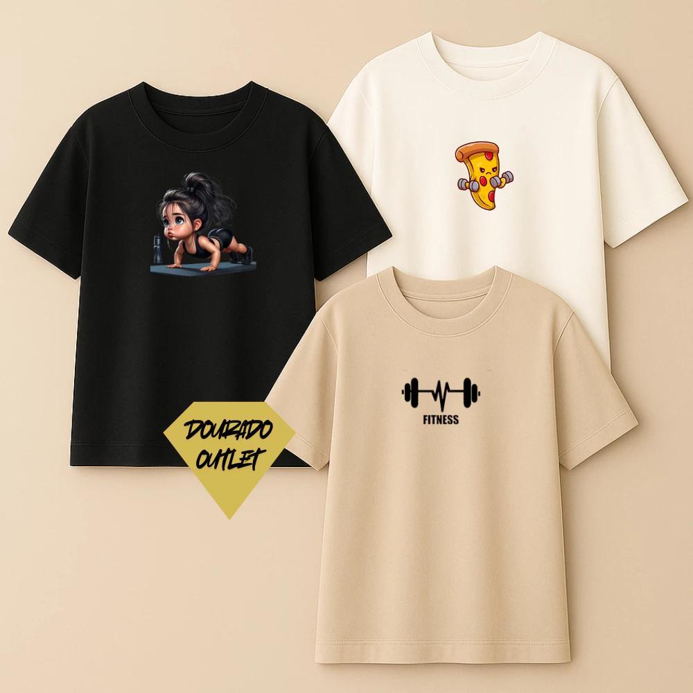 Kit 3 Camiseta Feminina Algodão Premium Adulto Plus Size Infantil Streetwear Casual Over Fitness Minimalistas Academia