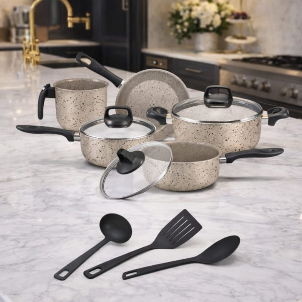 Imagem Kit de Panelas Marfim Antiaderente 8 Peças Teflon Premium – Alta Qualidade