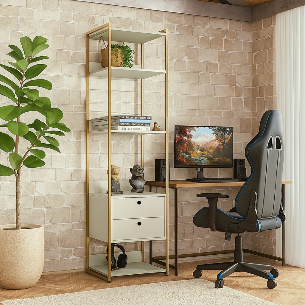 Estante Modulado Closet Industrial com 2 Gav e 5 Prat Estrutura Metálica Móvel Moderno e Funcional Off White