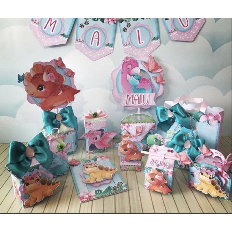 Caixinhas personalizadas, milk, cone, decoração Kit de festa aniversário Dino rosa ou dinossauro rosa menina