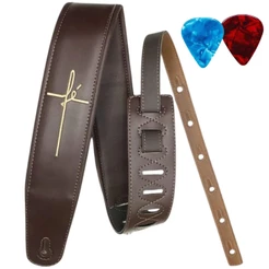 Correia Alça Gospel Guitarra Violão Baixo Viola Acolchoada Bordada - Basso CLA FÉ MARROM + 2 Palhetas