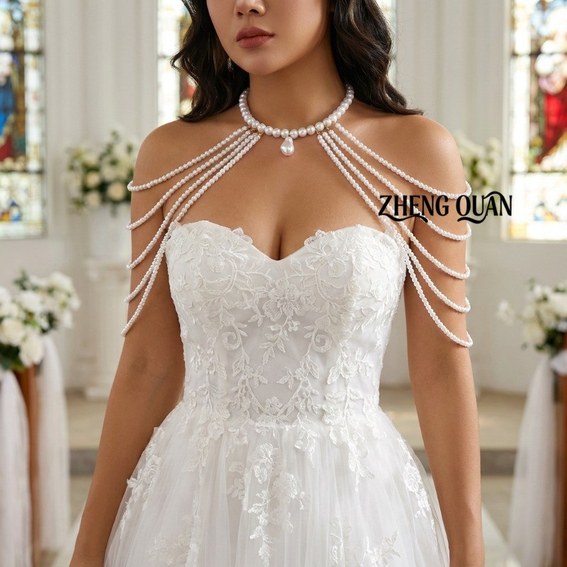 Luxo Nupcial Pérola Ombro Colar Vestido De Casamento Corpo Corrente Elegante Fora Do Jóias Para Noiva Photoshoot em Oferta na Shopee