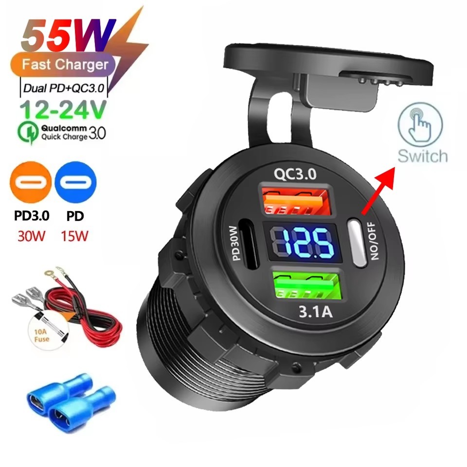 Tomada De Carregador De Carro Tipo-C E USB Duplo 3 Portas Rápido À Prova Dwaterproof Água Com Voltímetro 12V/24V Para Ad