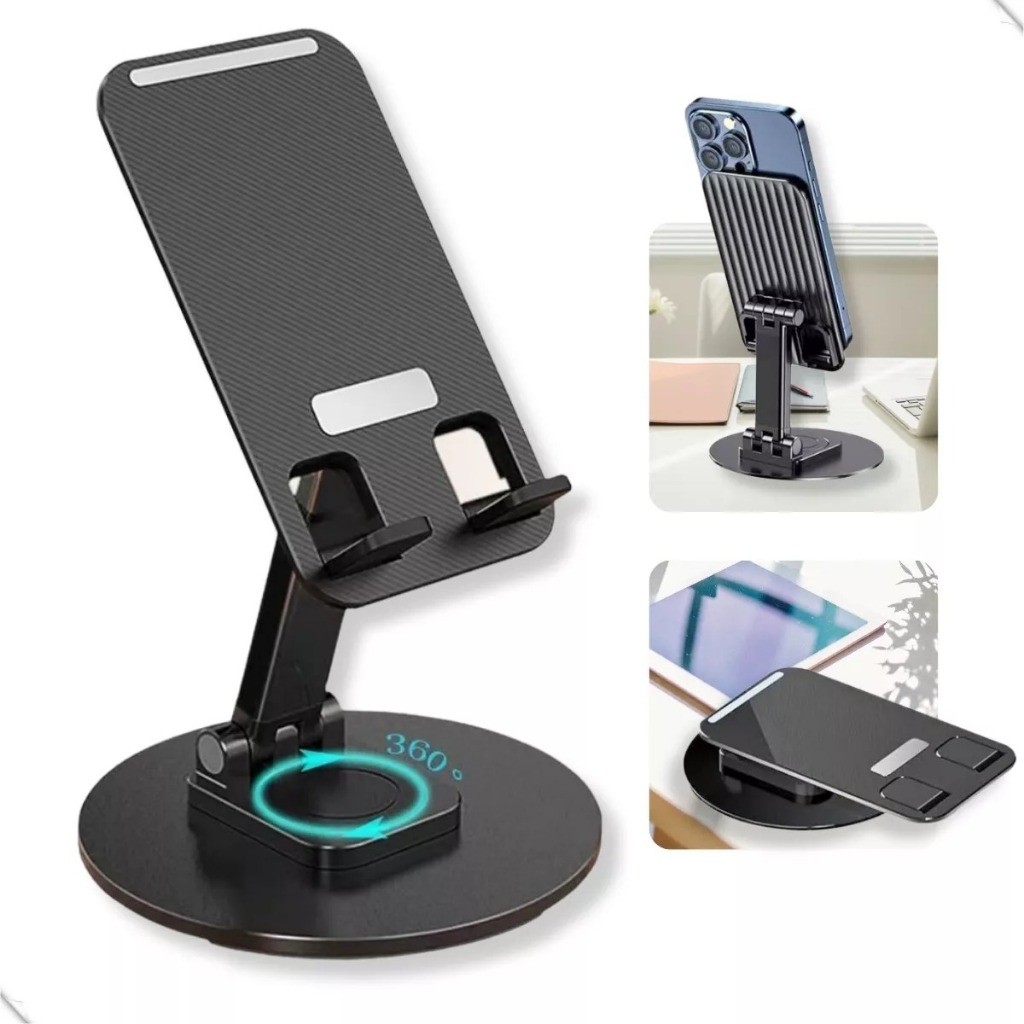 Suporte de Alumínio para Mesa 360º - Base Rotatória Ajustável para Smartphone e Tablet
