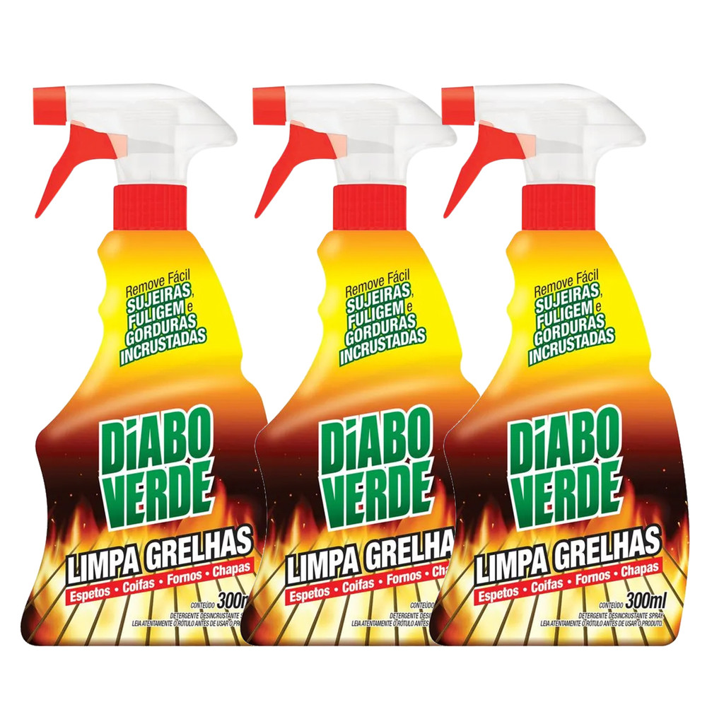 Kit 3 Limpa Grelha Spray Diabo Verde 300ml Parrilha Chapas Fogões Coifa Airfryer