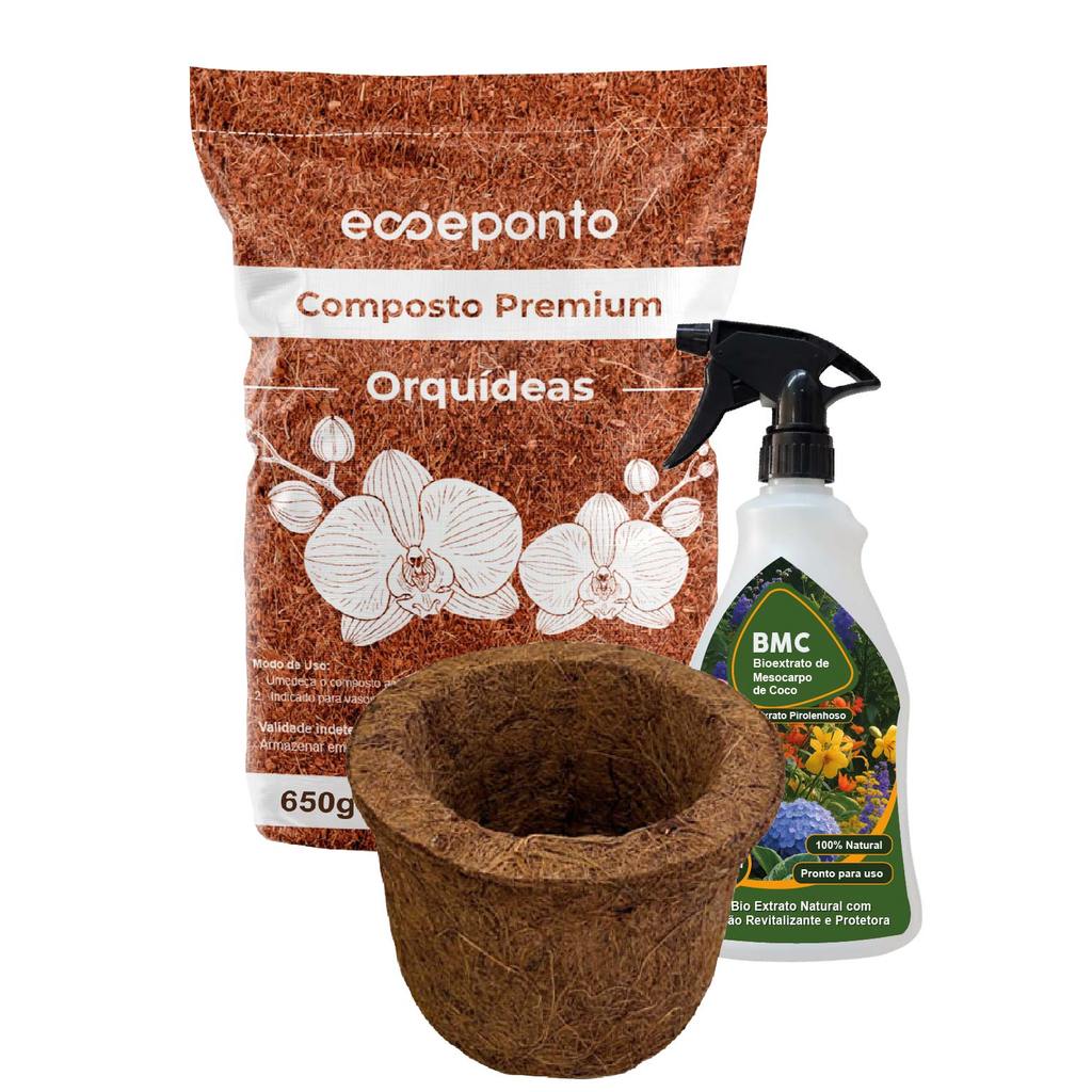 KIT 1 Bio Extrato de Mesocarpo de Coco 500 ML+ 1 Composto Orquídea 650g + 1 Vaso P