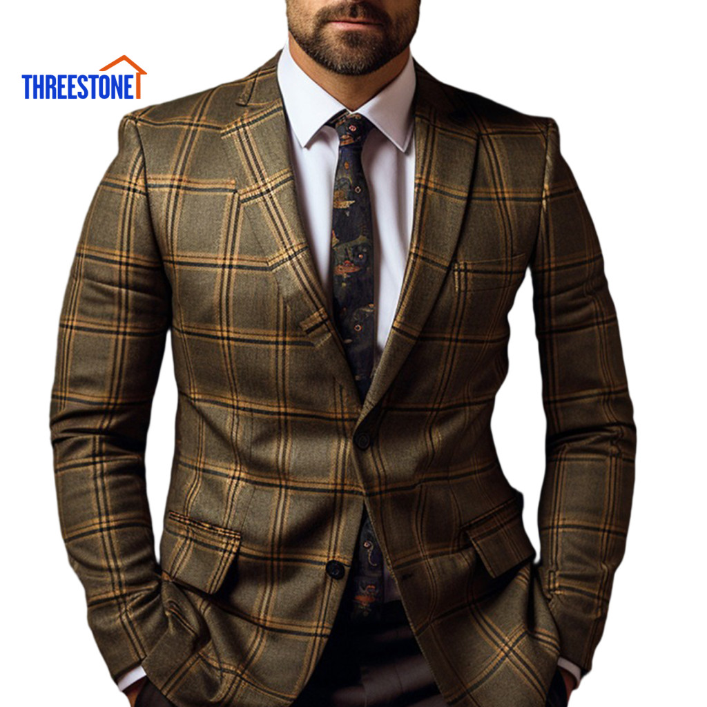 Business Attire Jacket Slim Fit Coat Men's Plaid Suit Formal Blazer Single Button Closure Long Sleeve Mid-length Office 