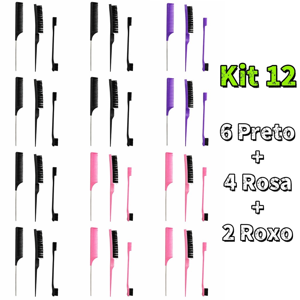 Conjunto 12 Kits Escovas 3 em 1 para Baby Hair e Acabamento | Uso Profissional | 36 Itens