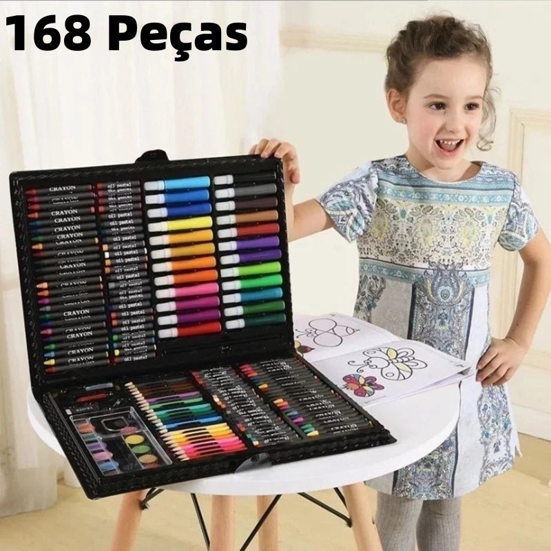 Estojo Maleta Pintura Infantil 68/86/150/168 Peças Paleta Canetinha  Giz Lápis Cores Variadas Desenhos Caneta Marcadora