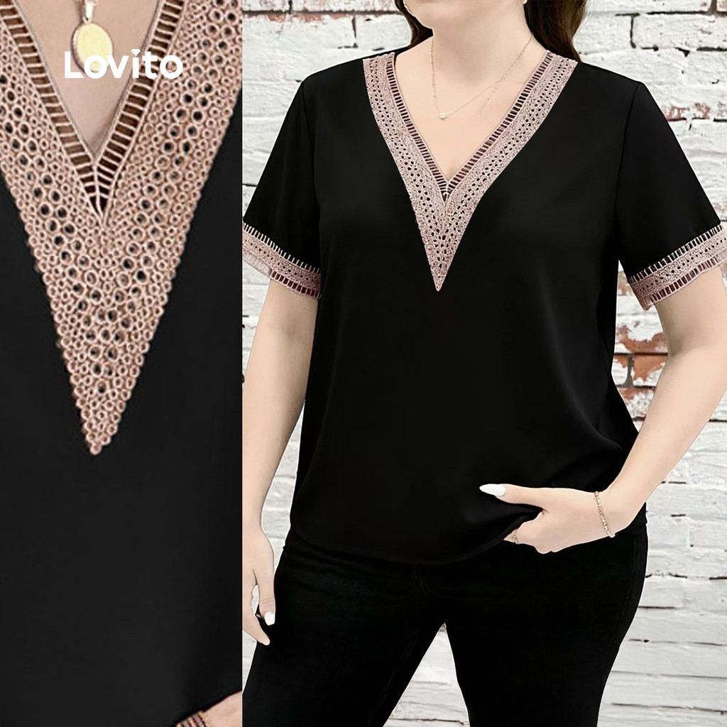 Lovito Blusa Boho Exagerada Babado Colorblock Primavera/verão Blusa Preta para Mulheres LNE130039