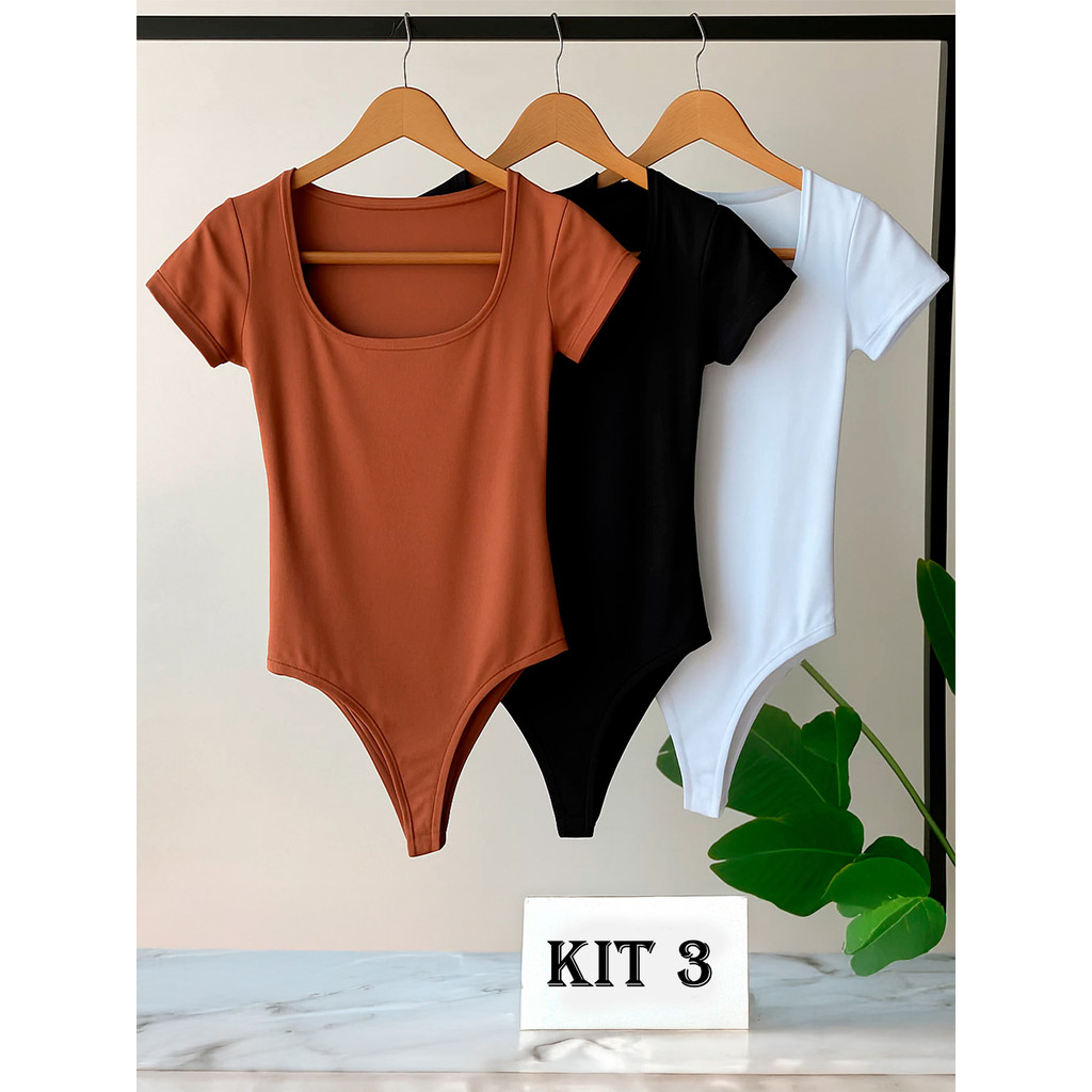 3 Body Feminino Básico Liso Manga Curta Decote Quadrado Suplex Fecho em Baixo