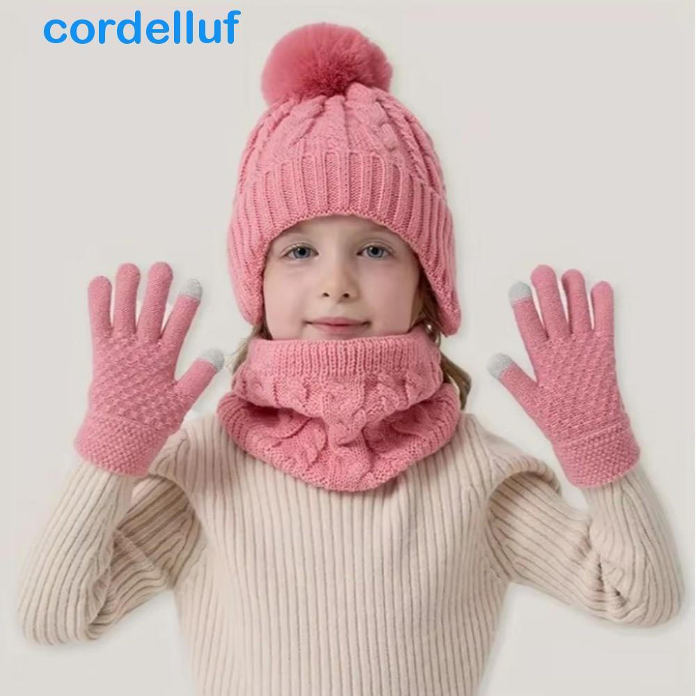 CORDELLUF Chapéus De Malha Para Crianças , Orelhas Quentes , Conjunto De Luvas E Cachecol Bebê Chapéu Infantil De Cor Só