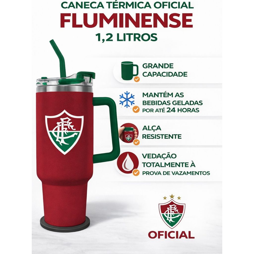 Caneca Copo Garrafa Térmico UP 1,2 Litros Grande Time Fluminense Oficial Presente Copão C\ Canudo