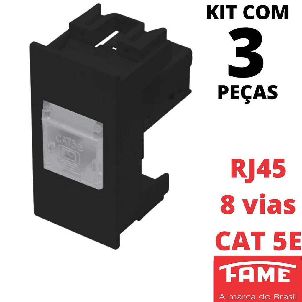 3un Módulo Tomada Rede de Informatica RJ45 CAT 5E 8 Vias Habitat Black Preto FAME