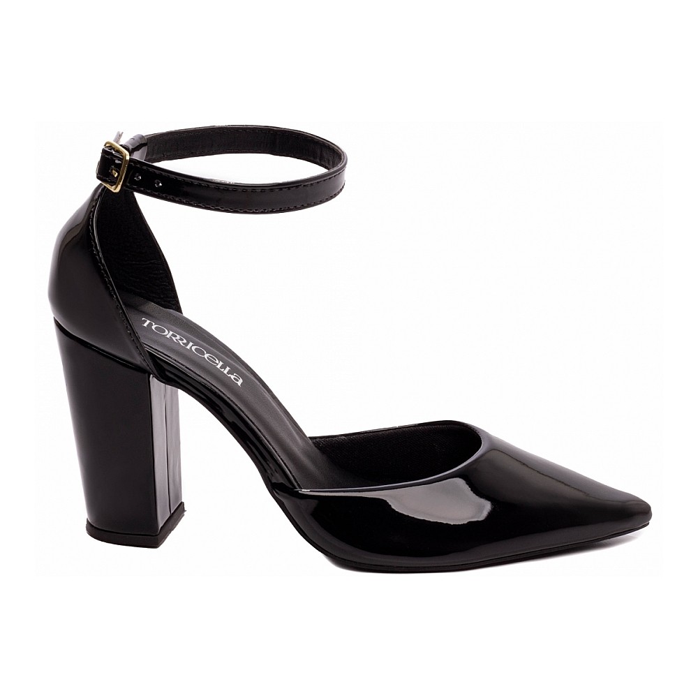 Sapato Scarpin Salto Alto Grosso Bico Alongado Verniz Preto
