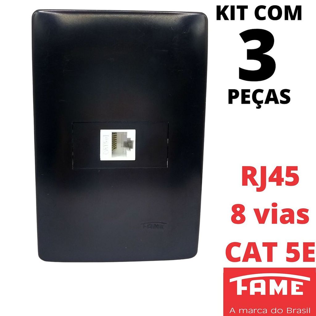 3un Tomada Rede de Informatica RJ45 CAT 5E 8 Vias Com Placa 4x2 Habitat Black Preto FAME