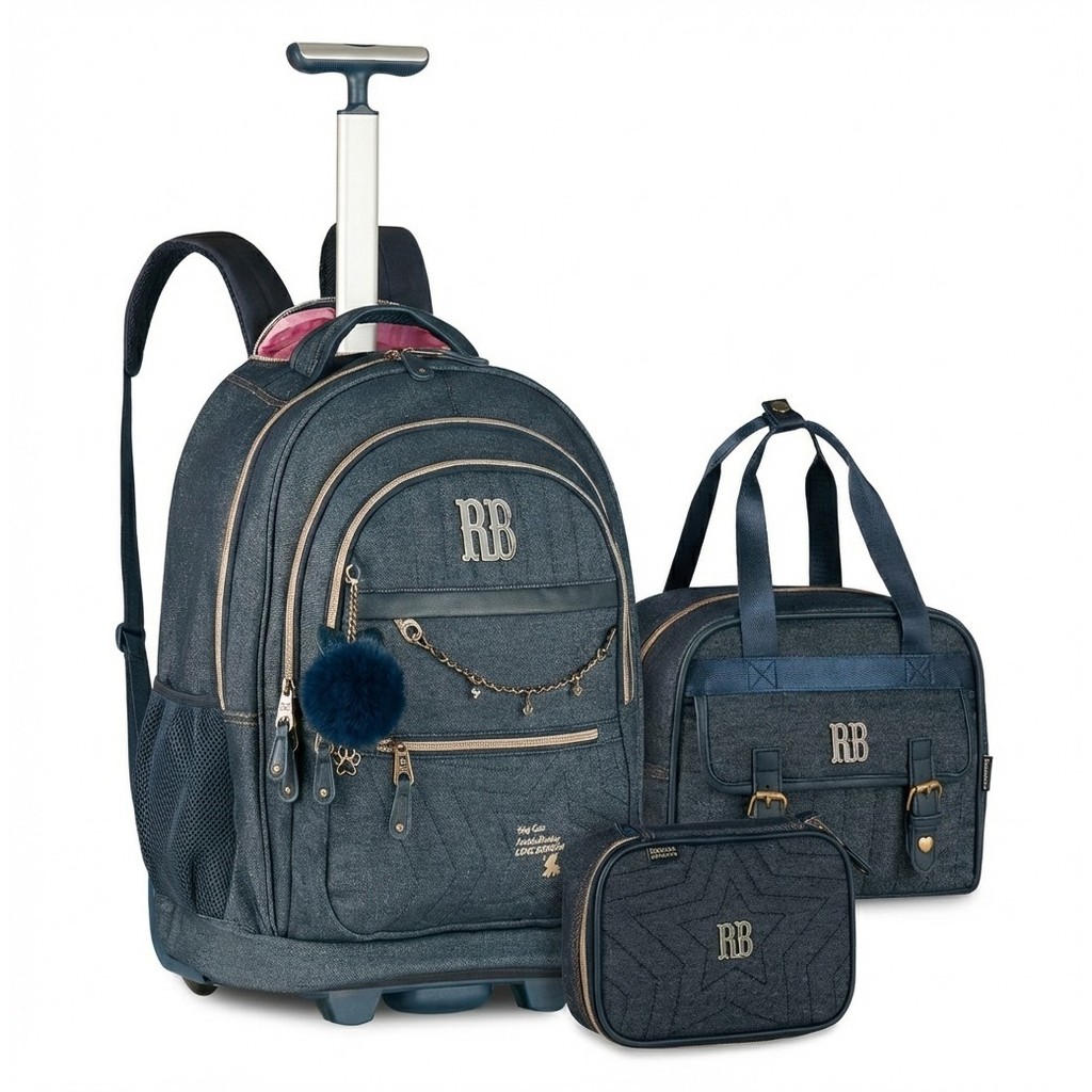 MOCHILA CARRINHO REBECCA BONBON JEANS+LANCHEIRA+ESTOJO DENIM