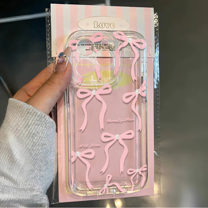 Capinha Capa Material transparente TPU Estampa de laço rosa suave IPhone XR 11 12 13 14 15 16 17 Pro MAX 14 15 16 Plus em Oferta na Shopee
