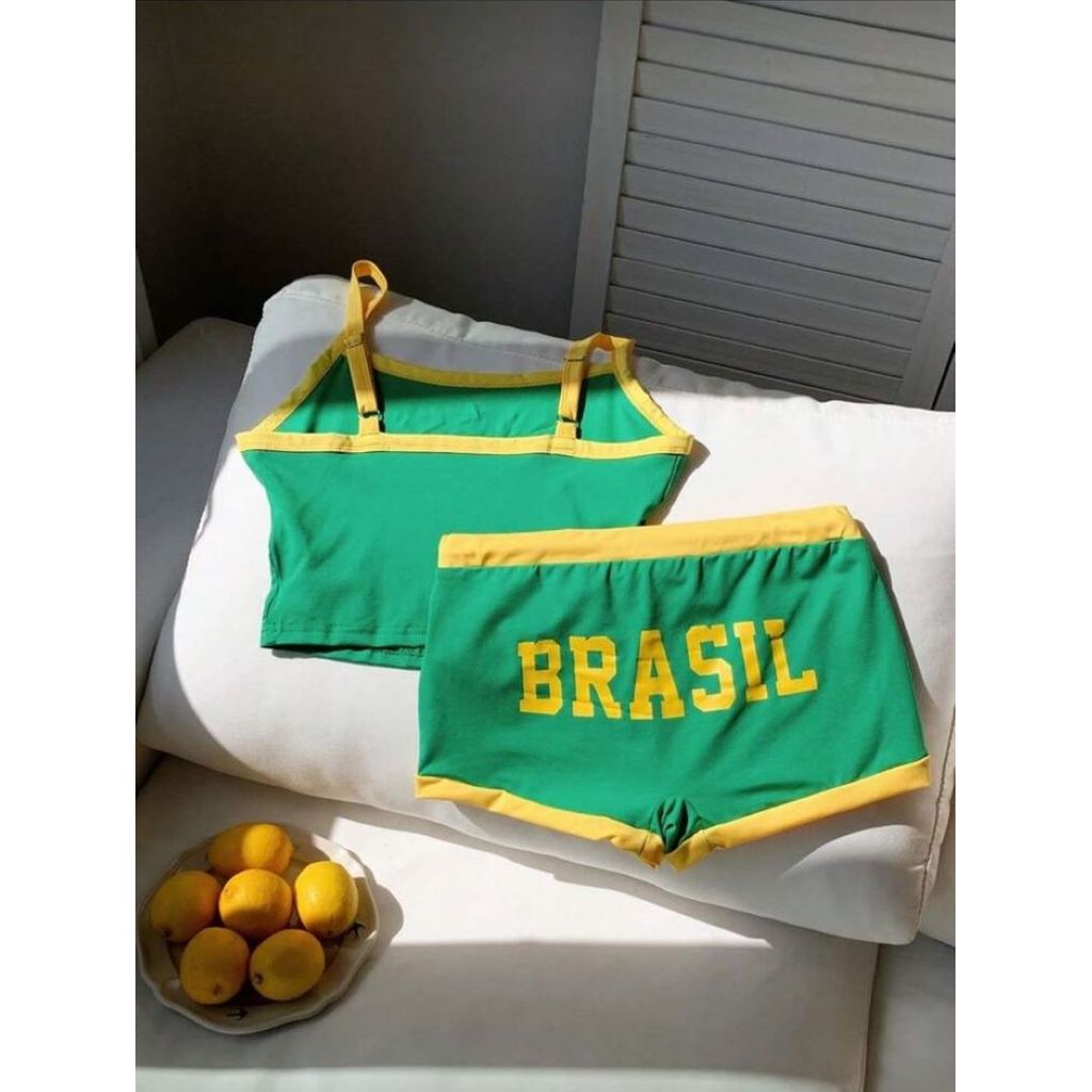 Conjunto Brasil cropped de alça e short. Estilo verão,copa do mundo 2026 vibe brasileira para looks do brasil