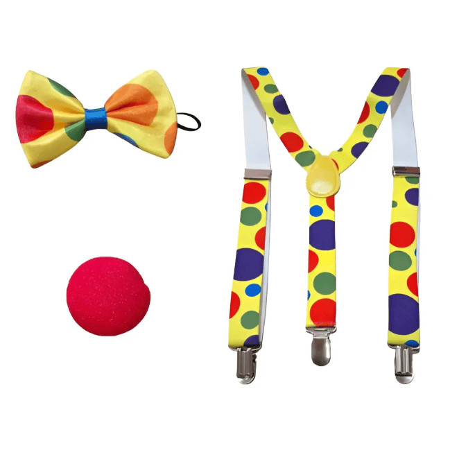 Kit Fantasia De Palhaço Infantil Suspensório Gravata E Nariz Festa