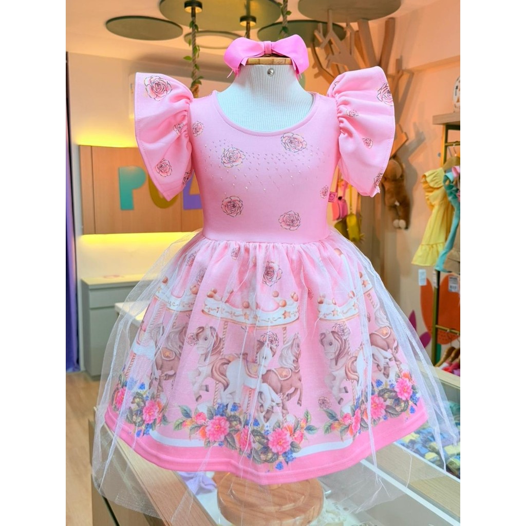 Vestido Encanto Rosa Unicornio infantil menina roupa crianca